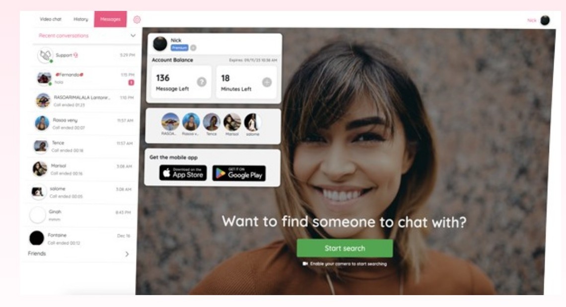 Fenêtre de chat vidéo de FlirtBees avec le partenaire à l'écran et le panneau du compte