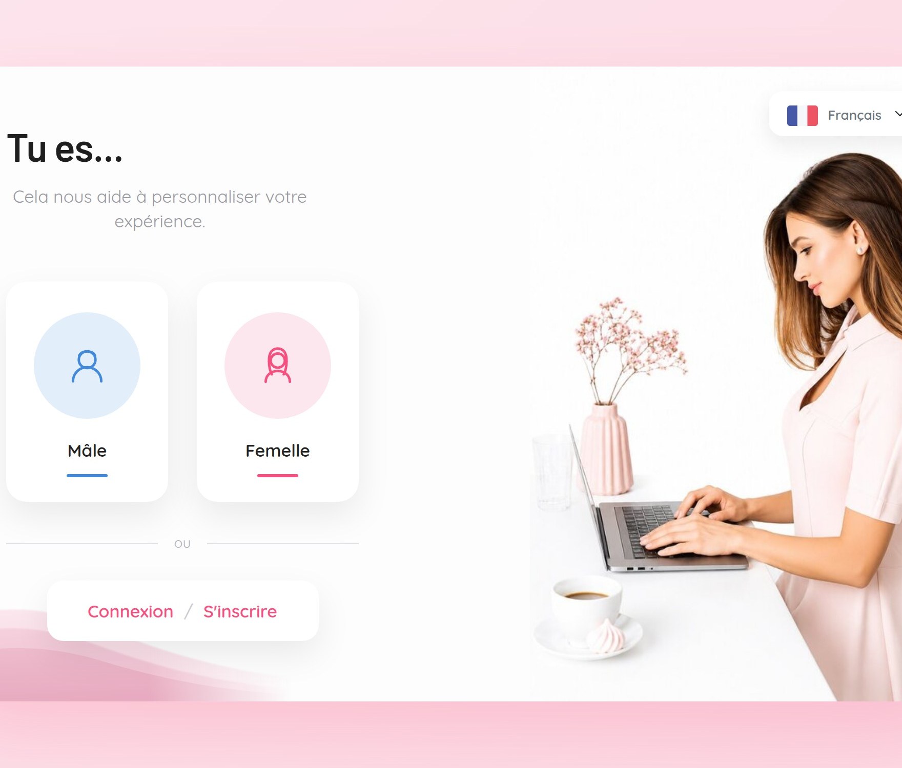 Étape d'accès de FlirtBees en français avec les choix de profil et le bouton d'entrée